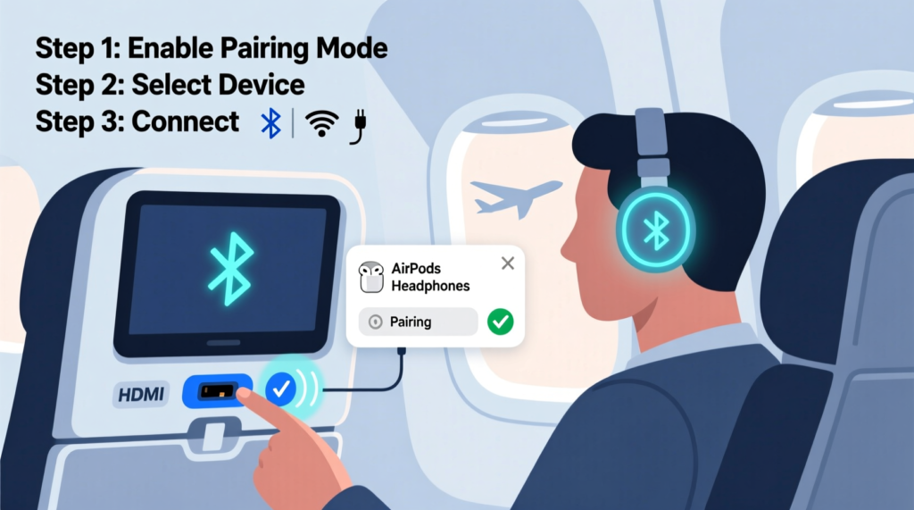 How to connect Bluetooth headphones to airplane entertainment